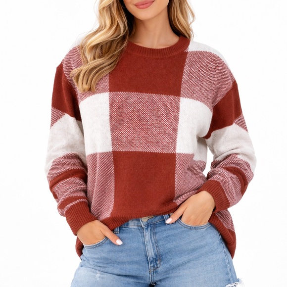 SHEIN Sweaters - SHEIN Rust and Cream Buffalo Plaid Crewneck Sweater